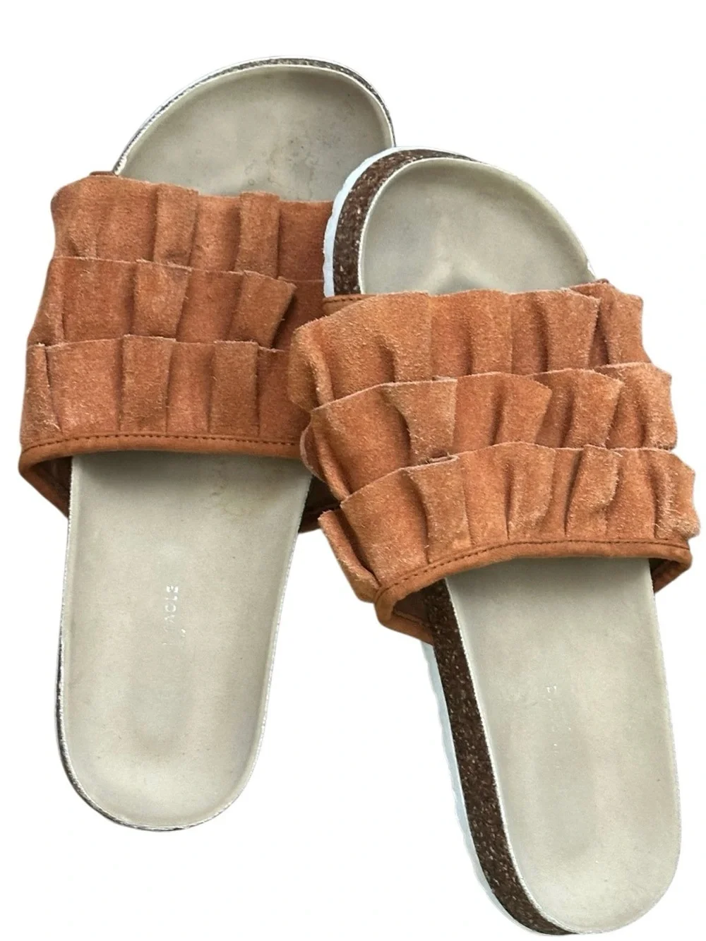 Suede Ruffle Slide Sandals - Rust Size 8
